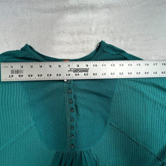 Free People Womens Teal Waffle Knit Leo Henley Top XS Long Sleeve Oversized - Picture 6 of 8